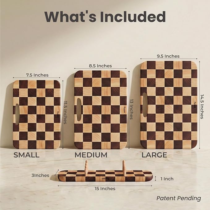 SMIRLY Cutting Board Set - 3 Piece Rubberwood Cutting Boards with Stand | Double-Sided Wood Cutting Board, Checkered Cutting Boards Non Toxic for Meat Vegetable Fruit, Food-Grade