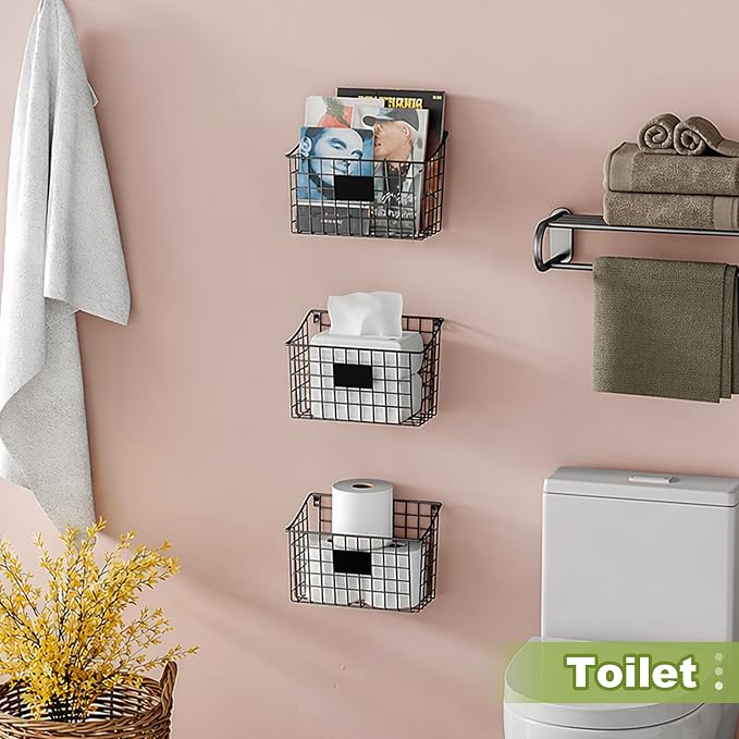 Wall Mounted Bin Basket with 5 Hooks 3 Label Plate Adhesive-3 Pack, Cabinet Hanging Metal Wire Basket,Rustic Farmhouse Decor, Storage Organization Shelf for Pantry Kitchen Bathroom 10.6*7.5*5.1inch