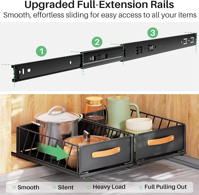 Pull out Cabinet Organizer,Heavy Duty Slide out Pantry Shelves Drawer Storage with Adhesive Nano Film,Sliding Mesh Cabinet Basket with Handle for Kitchen, Bathroom, Home, 9.8"W X 15.7"D X 6.2"H,Black