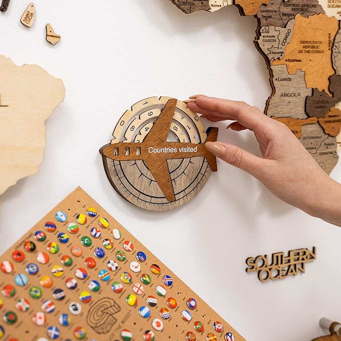 Enjoy The Wood 3D Wooden World Map Wall Art - Large Travel Map with Pins for Art Decor - Decorative Map of the World for Home, Office - Travel Wall Art Housewarming Gift Idea (Travel Tracker, Pins, Unframed)
