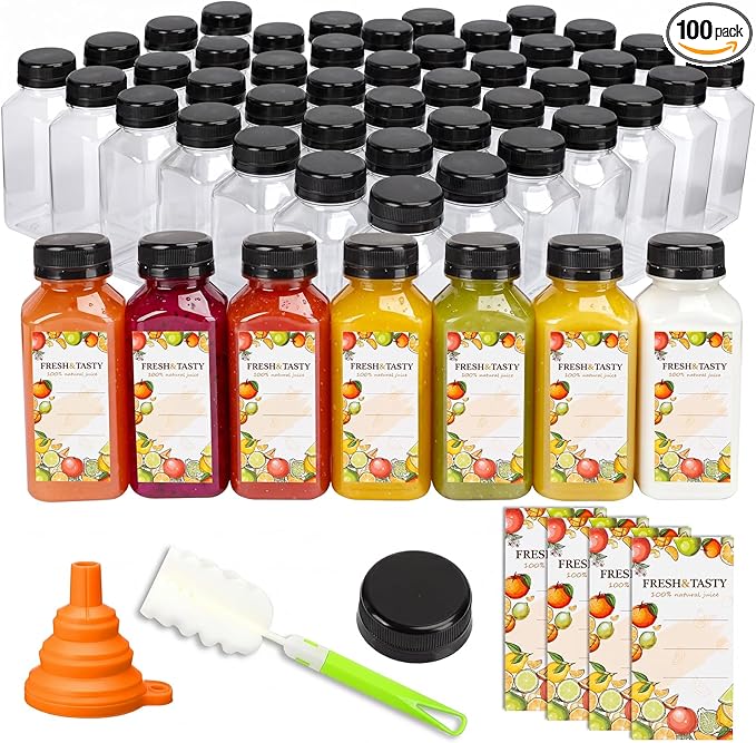 TOMNK 100pcs 8oz Empty Plastic Juice Bottles with Caps, Reusable Clear Bulk Beverage Containers with Label, Funnel and Brush for Juicing, Milk, Smoothie, Drinking, Beverages