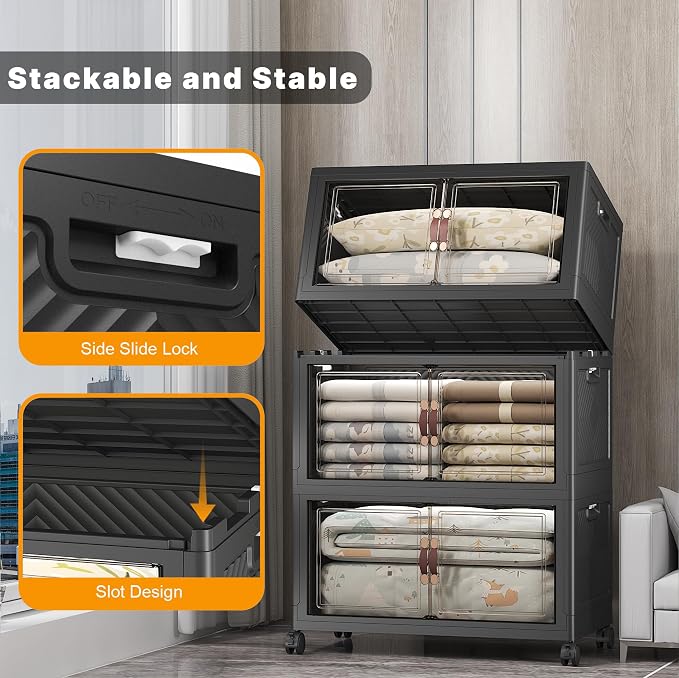 Stackable Storage Bins, 525QT Collapsible Drawers with 1 Lid | Large Capacity, Magnetic Door, Stack Lock, Rolling Wheels, Foldable Design, Organizers and Storage for Bedroom Dorm Garage