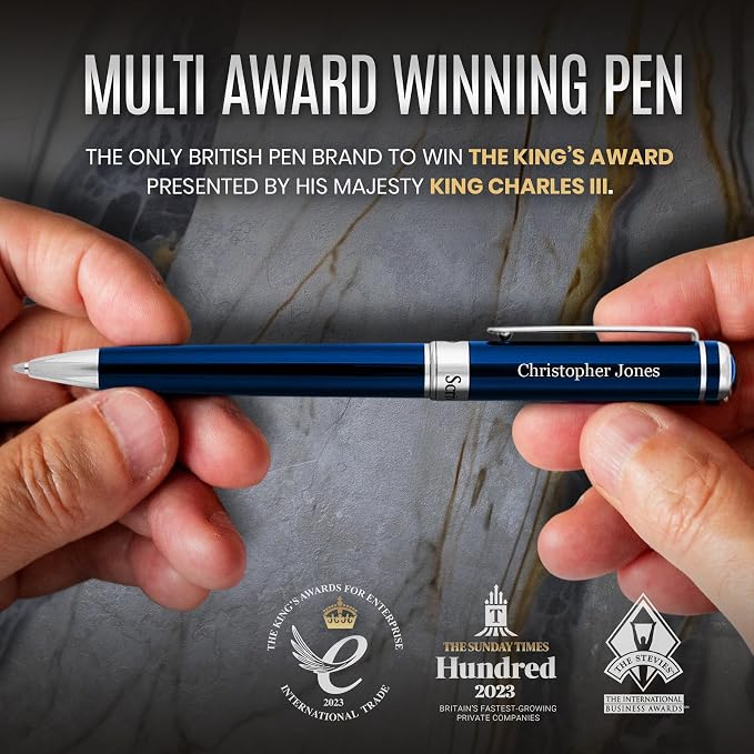 Scriveiner Personalized Midnight Blue Ballpoint Pen - Stunning Blue Lacquer Luxury Pen, Chrome Finish, Schmidt Ink Refill, Best Engraved Ball Point Gift Set for Men & Women, Custom Name Engraving