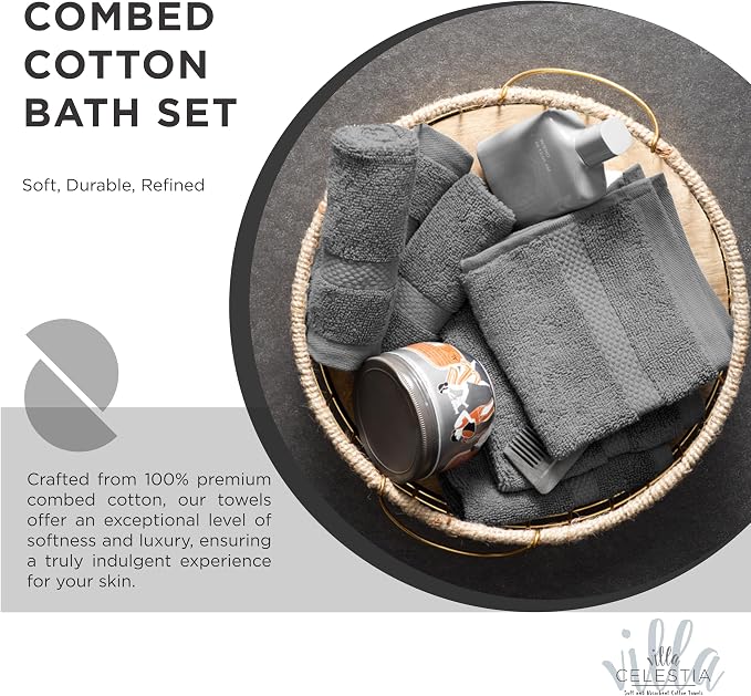 Villa Celestia 24-Piece 100% Cotton Towel Set, 6 Bath Towels, 6 Hand Towels, 12 Wash Cloth, Quick-Dry, Grey