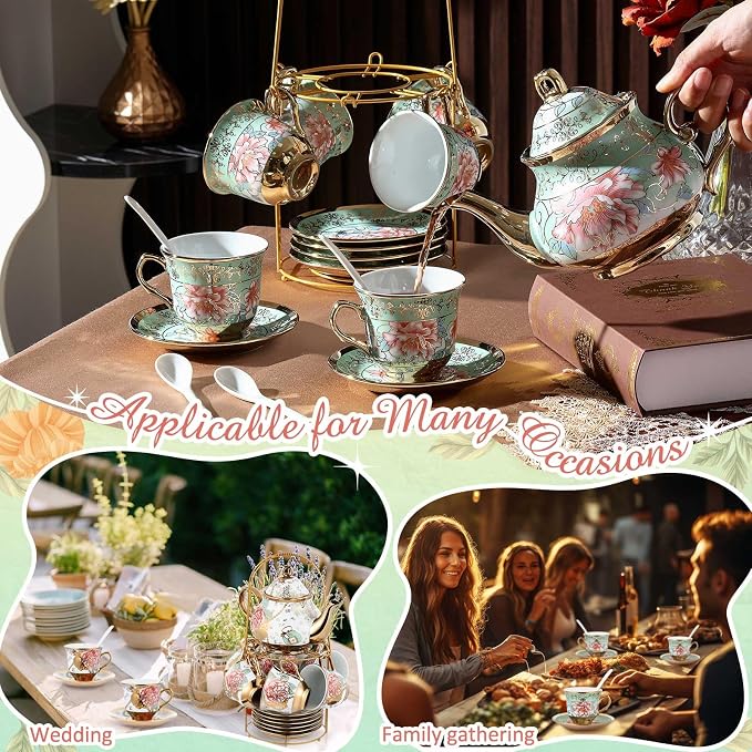 Zhehao 40 Pcs Porcelain Tea Set with Metal Holder and Spoon Adult Ceramic Tea Set European Flower Painting Teapot Cup Saucer Spoon for Women Mom Gift, Large Version (Fresh Style,Bright Style)