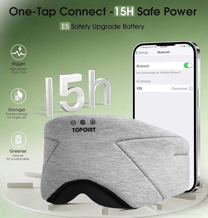 Sleep Mask with Headphones Bluetooth 5.4, TOPOINT Blackout Eye Mask for Sleeping Headphones Earphones with Soft Bamboo Cotton Cooling Breathable, HD Stereo Speaker for Side Sleepers Women Men Travel
