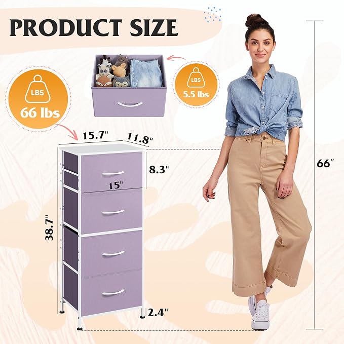 WLIVE Small Dresser Nightstand for Bedroom, 4 Drawers, Purple | 4 vertical fabric drawers, Space-saving tower, Bedroom or closet use, Chest of drawers, Dresser for small spaces