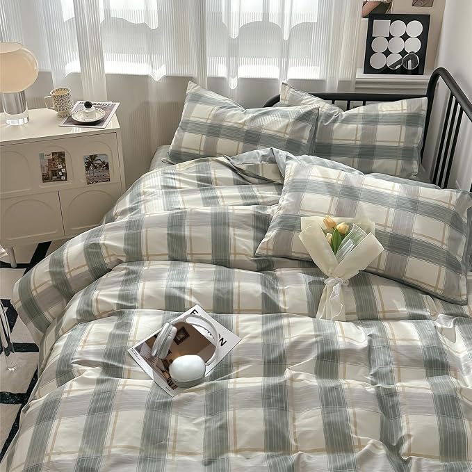 mixinni Full Size Buffalo Plaid Duvet Cover Set - 3 Piece Green White Geometric Bedding Set with Zipper Closure & Ties, 100% Washed Cotton Soft Breathable Duvet Cover for Men, Women, Teens (Full)