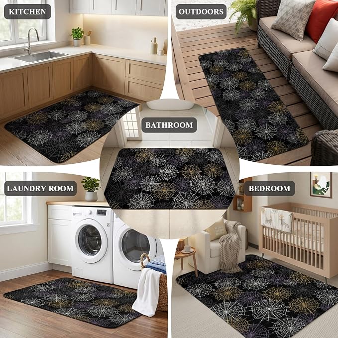 Black Halloween Washable Area Rugs for Living Room Bedroom, Large Non Slip Indoor Floor Carpet Absorbent Low Pile Purple White Yellow Net Classic Black Door Mat Rugs for Bathroom Entryway 47.2"x63"