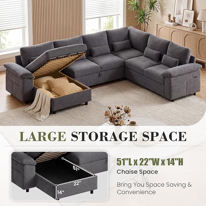 110 Inch Modular Sectional Sleeper Sofa with Pull Out Bed, U Shaped 7 Seat Cloud Modular Sectional Sofa with Storage, Chenille Sectional Couches for Living Room, Apartment, Office, Dark Grey