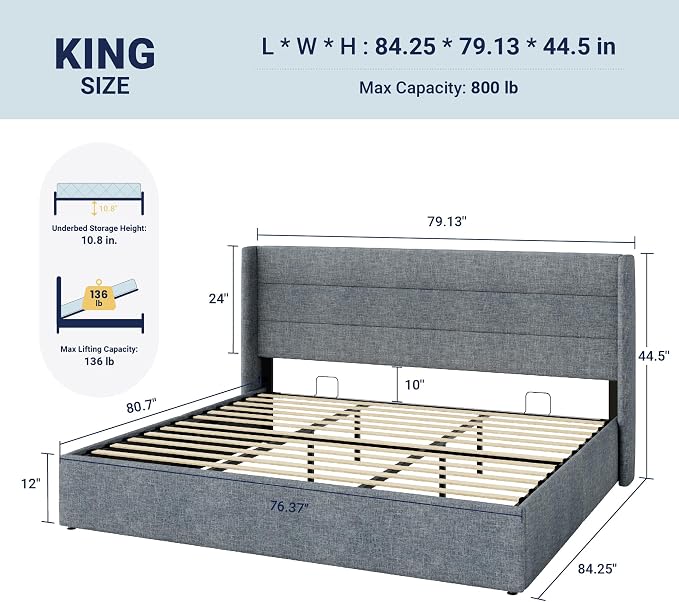 Allewie King Size Lift Up Hydraulic Storage Bed Frame Blue Grey | Modern Wingback Headboard, Hydraulic Support Storage, No Box Spring Needed
