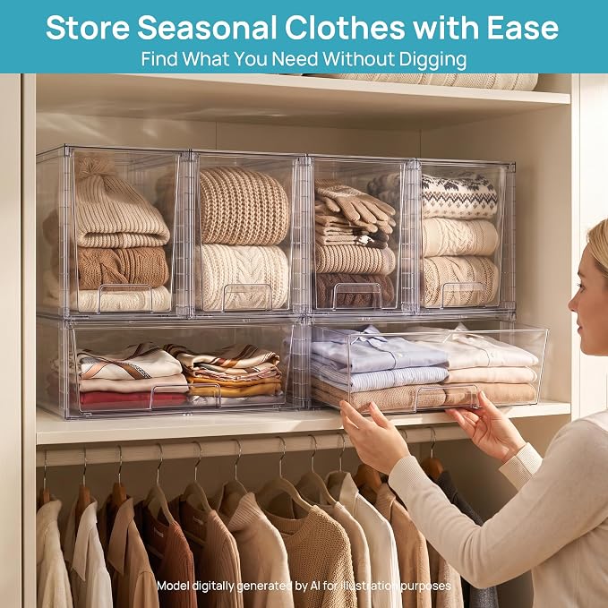 Vtopmart 6 Pack Stackable Storage Drawers, Easily Assemble Clear Plastic Organizer Bins, 2 Wide Drawers and 4 High Drawers for Under Sink, Pantry, Kitchen Cabinet, Bathroom Organization and Storage