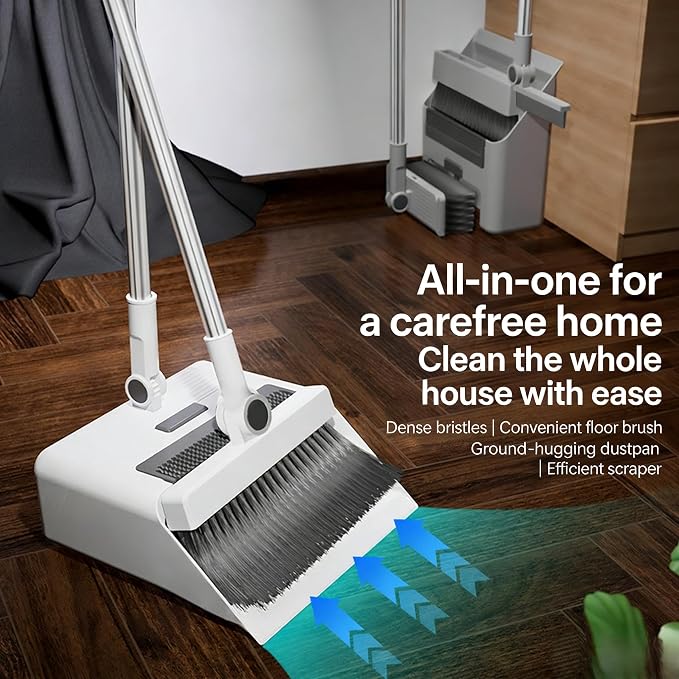 4-in-1 Broom and Dustpan Set with Floor Scrubber & Squeegee, 180° Rotatable Head, Self-Cleaning Teeth, Non-Stick Hair, Foldable Storage, Heavy Duty Cleaning Kit for Home Kitchen Office (Gray)