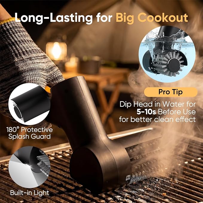 Electric Grill Brush for Outdoor Grill, BBQ Grill Cleaner Cleaning Brush with Stainless Steel Rotary Head, 500RPM Motorized, 3 Speed Modes, 120Mins Runtime, No Bristle Shedding, Gifts for Men/Dad