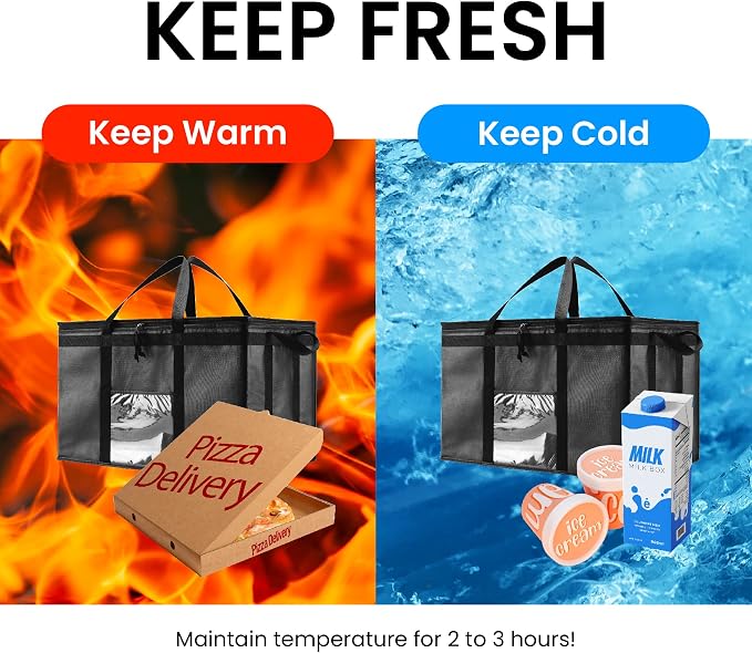 Insulated Food Bag, Portable Cooler Tote (3XL, Black, 10 Pack) | Large thermal bag, For cold & hot food, Soft sided cooler, Heavy duty carrier, Grocery shopping, Food delivery, Catering bag