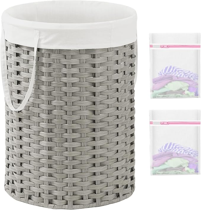 SETVSON Laundry Basket Round Rattan Laundry Hamper 29.1 Gal(110 L) Handwoven Large Wicker Basket with Handles, Wicker Hamper with Removable Bags and 2 Mesh Bags for Bathroom Living Room Gray(No Lid)