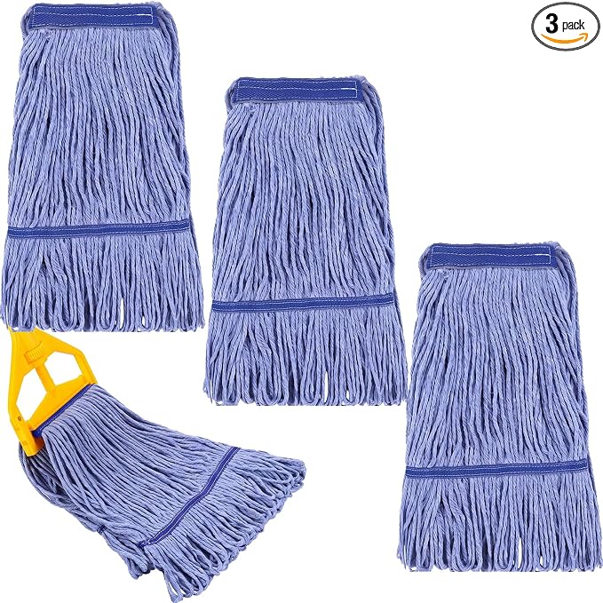 Eccliy 3 Pack Commercial Mop Heads Replacement Heavy Duty 18 oz Loop End Cotton String Wet Mop Refills Washable Absorbent Reusable for Industrial Home Tile Wood Concrete Floor (Blue)