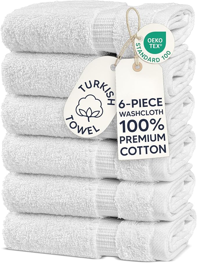 Chakir Turkish Linens 6 Piece Washcloth Set, 100% Cotton Turkish Washcloths for Bathroom, Luxury Soft Absorbent Face Towels, 13 x 13 Inches, White