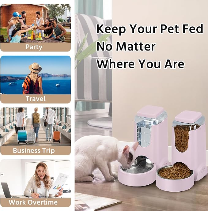 2 Pack Automatic Cat Feeder and Stainless Steel Water Dispenser, Gravity Dog Waterer Set Food Feeder and Waterer Set for Small Medium Kitten Puppy Pets(1 Gallon x 2, Violet)