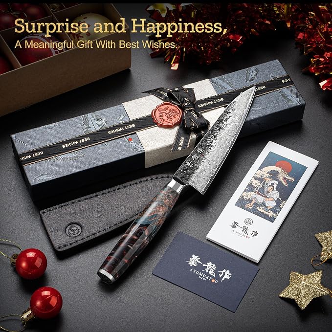5.5'' Japanese Utility Knife, 67-Layer Damascus VG10 Steel | Kurouchi Forged Finish, Fruit, Vegetable & Herb Prep, Compact Blade Control, Leather Sheath Included, Premium Gift Box