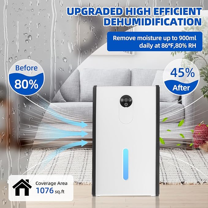 Dehumidifier for Basement, 1076 sq.ft Dehumidifiers for Home Bedroom Bathroom RV with Drain Hose, 72 OZ Quiet Portable Dehumidifier with Auto Shut Off, Auto Defrost, 7 Color LED Light, Sleep Mode