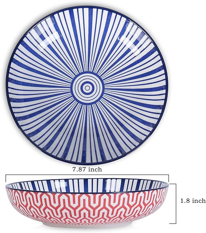Selamica Porcelain 26 Ounce Pasta Bowls Set of 6, 8 inch Wide and Shallow Salad Bowls, Serving Bowls, Microwave & Dishwasher Safe, Sturdy & Stackable, Variety of Colors