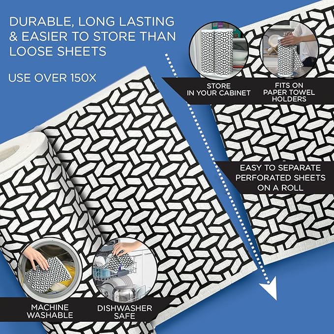 LOLA Swedish Dishcloths XL on a Roll, 30 Sheets, Geometric Pattern, Perforated 11" x 10" Sheets w/Hook, Reusable Absorbent Unpaper Towels Cellulose Sponge Cloth Biodegradable Made in Germany