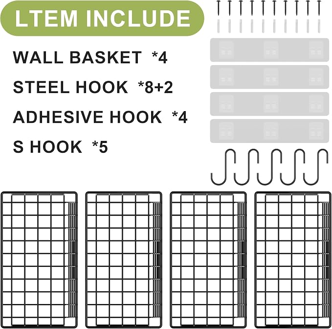 Wall Basket with Label Plate & 5 S-Hooks –4 Pack Hanging Wire Basket for Organizing, Wall Storage for Kitchen, Bathroom, Pantry, Laundry, RV – Hanging Wall Basket, Metal