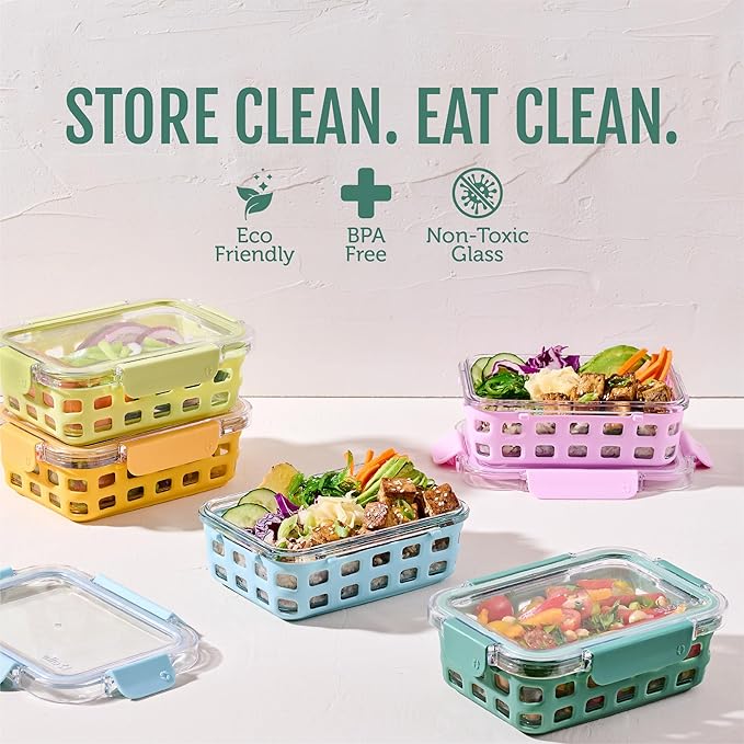 Ello Duraglass 3.4 Cup Glass Meal Prep Containers, 10 Pc, 5 Pack, Meadow | Glass meal prep set with silicone sleeves, leakproof BPA-free lids, microwave and oven safe, freezer and dishwasher safe