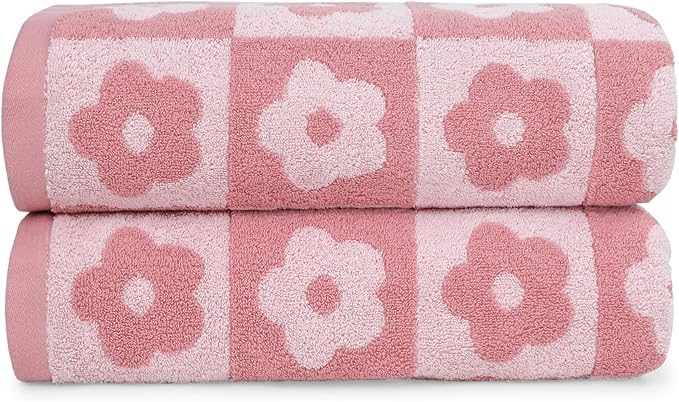 2-Pieces Luxury Bath Towels Checkered Floral, Pink Towels for Women Girls | Shower Body Towel 27.5x55 Inches, Bathroom Decor & Pool Days, Cotton