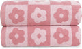 2-Pieces Luxury Bath Towels Checkered Floral, Pink Towels for Women Girls | Shower Body Towel 27.5x55 Inches, Bathroom Decor & Pool Days, Cotton
