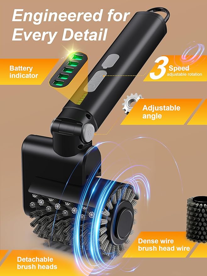 Electric Grill Brush, Cordless Automatic BBQ Cleaner with 3-Speed Control, Rechargeable Grill Cleaning Brush with Stainless Steel Heads & Scouring Pad, BBQ Accessories Gift for Men