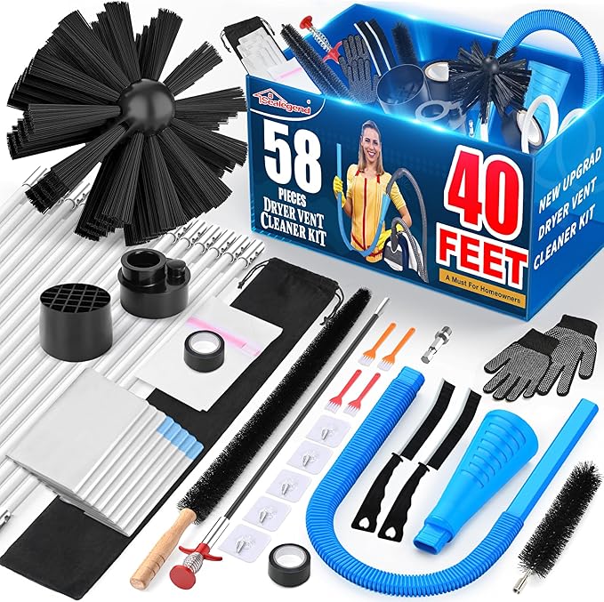 Sealegend 58-Pieces 40-Feet Dryer Vent Cleaner Kit, Dryer Cleaning Tools, Include Omnidirectional Blue Dryer Lint Vacuum Attachment, Dryer Vent Brush, Universal Vacuum & Dryer Adapters