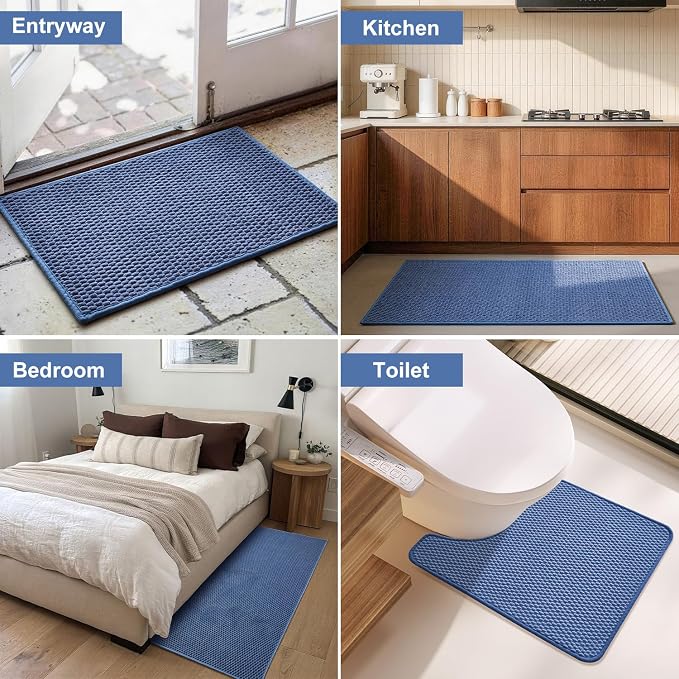 Triohero Bathroom Rugs Non Slip Washable, Super Absorbent Thin Bath Mat Quick Dry Low Pile Bathroom Rug, Denim Blue 24"x47"