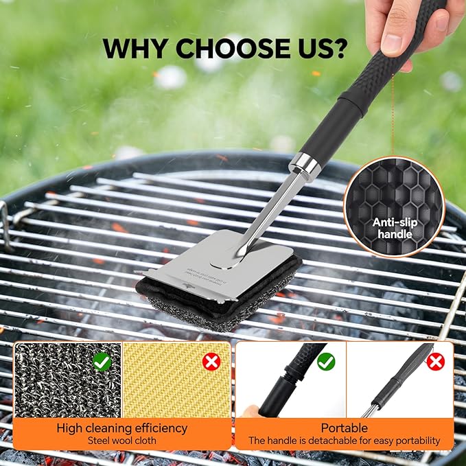 Bristle-Free Steam Grill Brush with 5 Replacement Pads – No Bristle Shedding. Unique Steel Fibers Pads Efficiently Deep Clean All Kinds of Grills. A Safe Outdoor Grill Cleaner.(Model-XD3000)