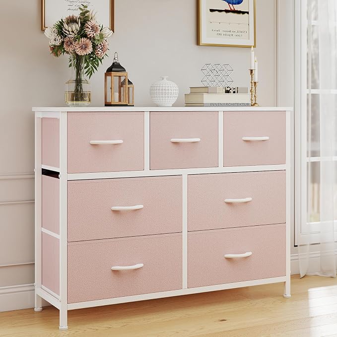 OLIXIS 7 Drawers Dresser for Bedroom, Fabric Storage Tower for Living Room, Entryway - Sturdy Steel Frame, Wooden Top and Easy Pull Fabric Bins, Closet Chests Organizer for Clothes,Pink