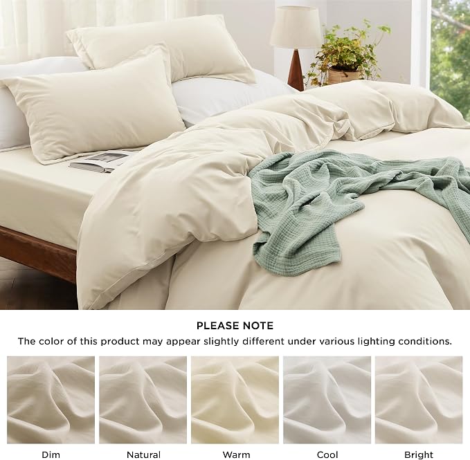Bedsure Duvet Cover Queen Size with Fitted Sheet - 4 Pieces Prewashed Polyester Extra Soft Bedding Set, Includes 1 Duvet Cover 90"x90" with Zipper Closure, 2 Pillow Shams, 1 Fitted Sheet, Oat Milk