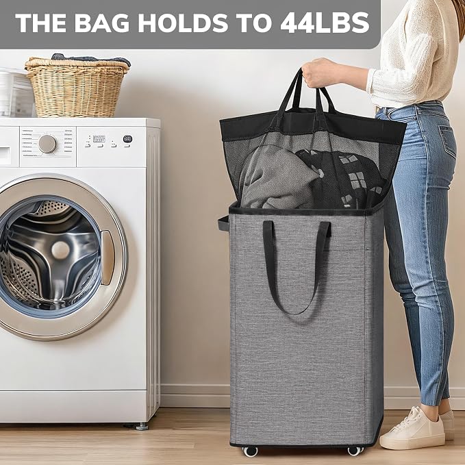Goodpick 75L Rolling Laundry Basket, Large Laundry Hamper with Handles and Removable Wash Bag, Space Saving for Laundry Room, Light Grey