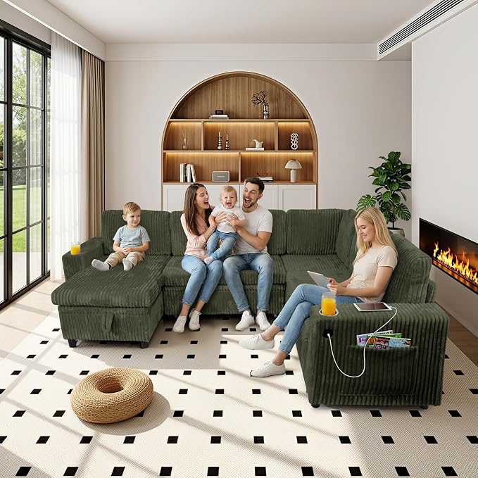 106 in L-Shaped Sectional Sleeper Sofa Couch for Living Room, Green | Pull Out Bed, 7 Seat Modular Design, Hidden Storage Space, USB Charging, Cup Holders, Soft Corduroy Fabric, Easy Assembly