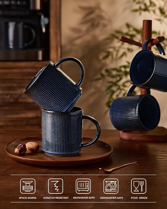 famiware Coffee Mug Set for 4, Star 16 oz Catering Mugs Cup Set with Handle for Coffee, Tea, Cocoa, Milk - Ceramic Stoneware Drinkware Set, Nebulas Blue