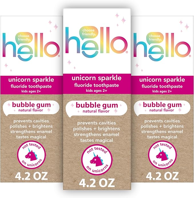 Hello Unicorn Sparkle Kids Toothpaste with Fluoride, Bubble Gum Toothpaste, 4.2 Oz Tube (Pack of 3) | Safe for Ages 2 and Up, Helps Prevent Cavities, Strengthens Enamel, Polishes Teeth, Vegan, Natural Bubblegum Flavor