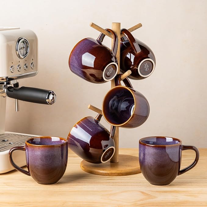 theterra Ceramic Coffee Mugs Set of 6, 12oz Handmade Coffee Cups with Handle for Latte, Tea, Milk, Beer, Hot Cocoa, Amber Amethyst