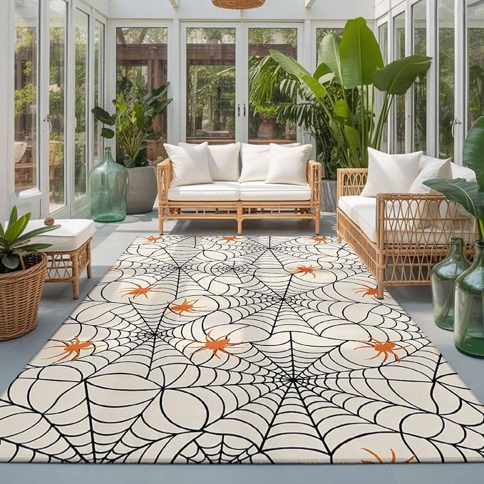 Large Area Rug 5'x7', Halloween Washable Rectangular Area Rugs for Living Room Bedroom Office, Orange Black Net Classic Spiders Gingham Non Slip Kitchen Rug Mats Indoor Floor Accent Throw Carpet