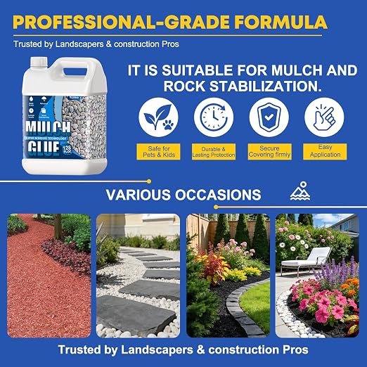 Mulch Glue for Landscaping, 1 Gallon Ready-to-Use Rock & Gravel Glue, Fast-Drying Mulch Adhesive, No Dilution Landscape Binder, Pet & Plant Safe for Mulch, Pebbles, Stones & Garden Beds