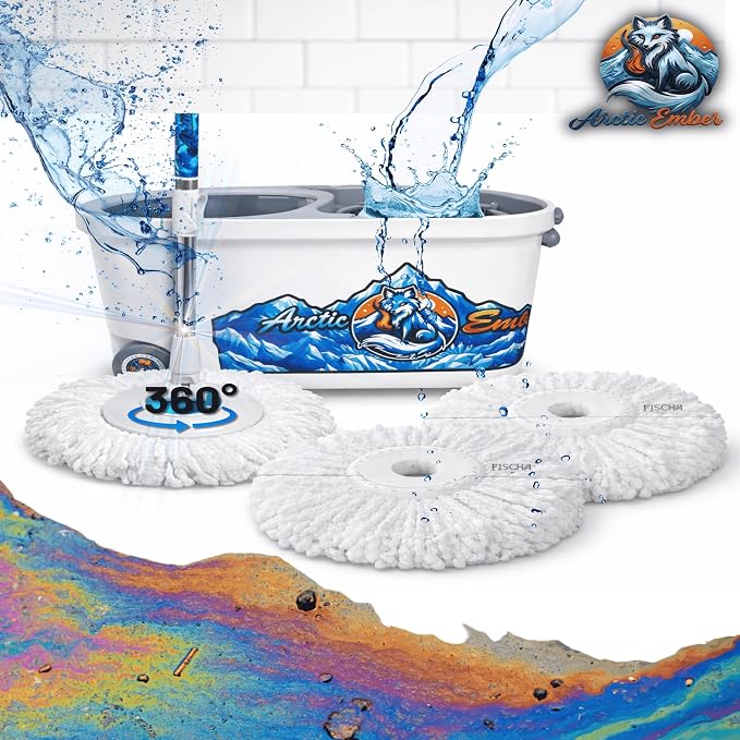 20L Spin Mop and Bucket System with Wringer, 3 Microfiber Mop Heads and 1 Heavy-Duty Scrub Brush, Stainless Steel Handle, Rolling Bucket with Drain Plug for Hardwood, Tile and Laminate Floors