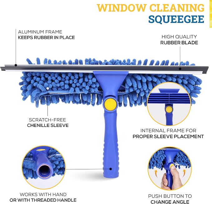 Kleen Handler 2-in-1 Window Squeegee with 4–12 ft Telescopic Extension Pole, Window Washing Kit for Home & Commercial Glass Doors, High Windows, 2 Sleeves Included