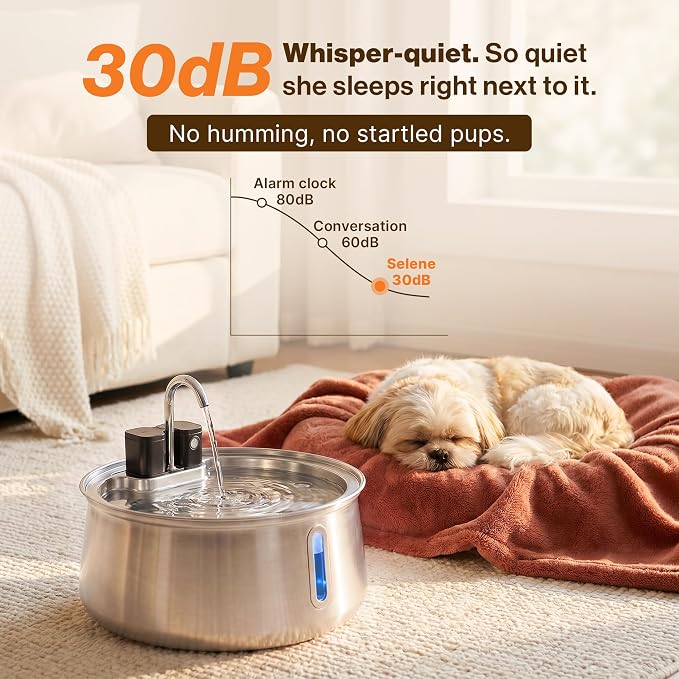 Selene Wireless Doggy Fountain, 4L (1.1 Gal) Cordless Dog Water Fountain for Dogs Inside, Stainless Steel Pet Fountain, 4-Layer Filtration, 30-Day Battery
