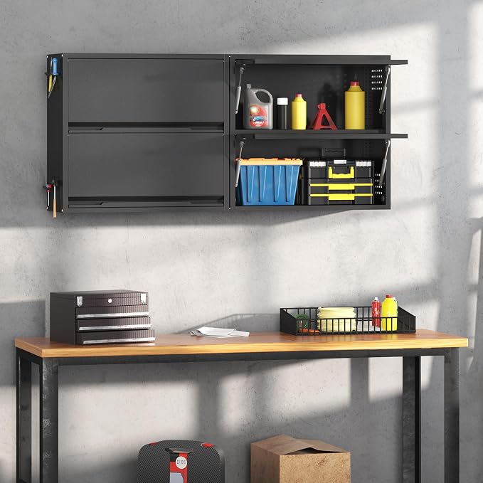 2 Door Garage Wall Cabinet with Up-Flip Door, 25.6" H Metal Wall Cabinet | Wall Mounted Metal Storage Cabinet for Garage,Basement,Ware House Assembly Required
