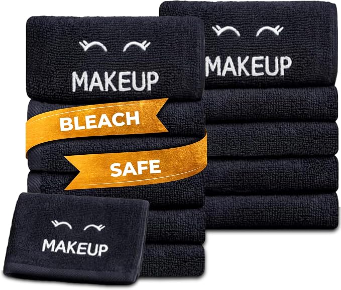 White Classic Bleach Safe Black Makeup Washcloths for Face Cleansing, 12 Pack - Super Soft Luxury Cotton Black Makeup Towels, Highly Absorbent and Quick Dry, All Makeup Remover Cloth | 13 x 13