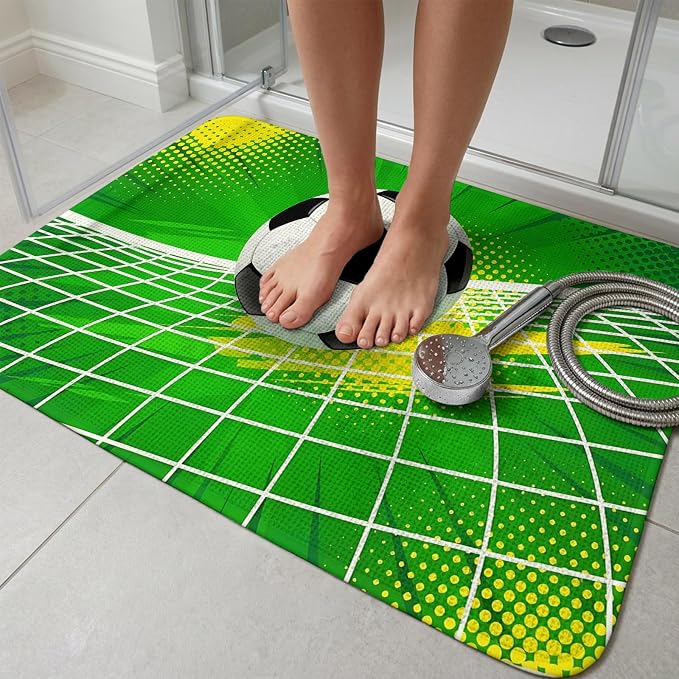 Green Football Bathroom Rugs Non Slip Washable Bath Mat Absorbent Low Pile Front Door Mat Soccer Ball Goal Net Vibrant Indoor Doormat for Kitchen Entryway Shower Decor Accessories 19.7"x31.5"